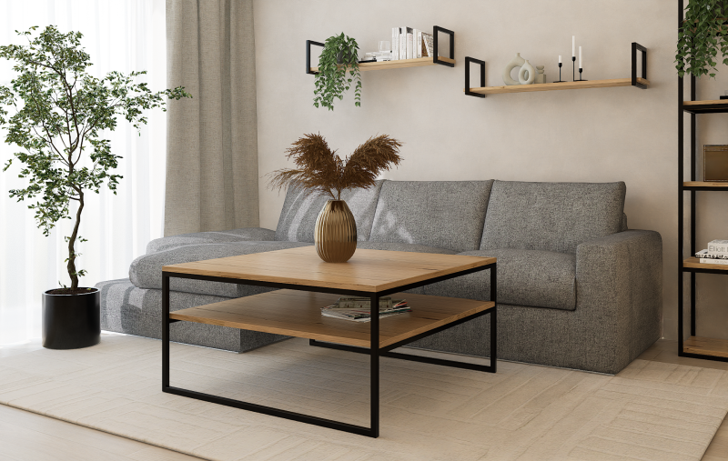 STOLIK KAWOWY Z PÓŁKĄ 100X100 dąb-czarny 2.png