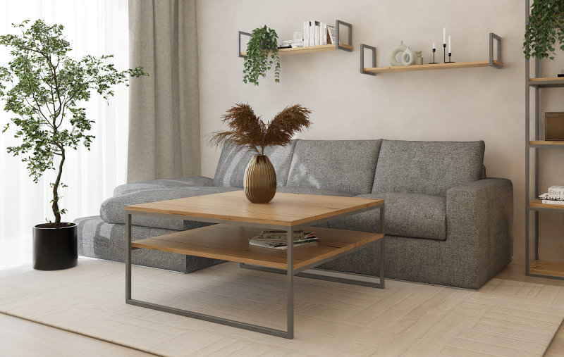 STOLIK KAWOWY Z PÓŁKĄ 100X100 dąb-stal 2.png