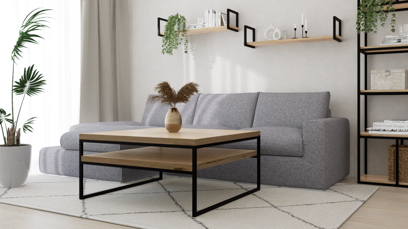 STOLIK KAWOWY Z PÓŁKĄ 100X100 dąb-czarny 2.png